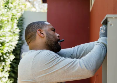 A technician is working on an outdoor electrical panel.