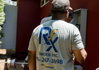 An electrician wearing a company shirt is standing outside by an electrical panel on a building.