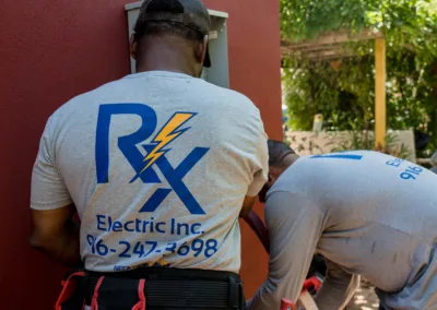 Two electricians working on an outdoor installation.