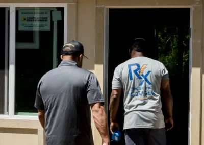 Two workers installing a window in a residential building.