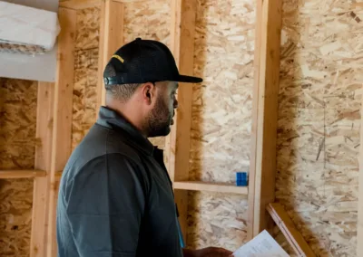 A man in a black cap and shirt reviews construction plans inside an unfinished wooden structure.