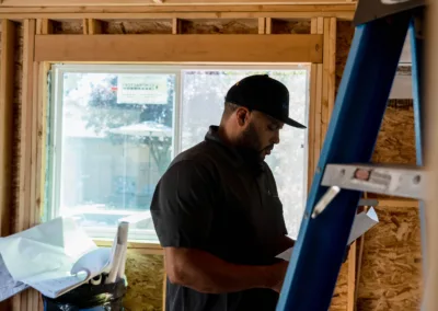 Man reviewing plans beside a ladder inside a construction site.