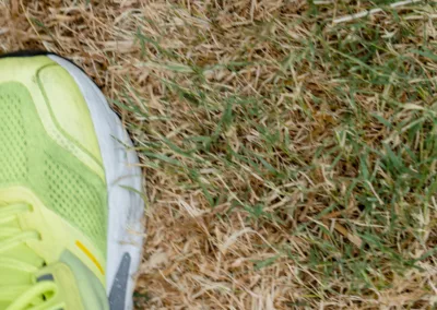 A close-up view of a green sneaker stepping on dry grass.