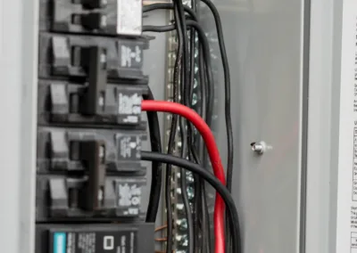 Electrical panel with wiring and circuit breakers.