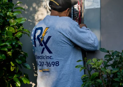 An electrician working on an outdoor electrical panel.