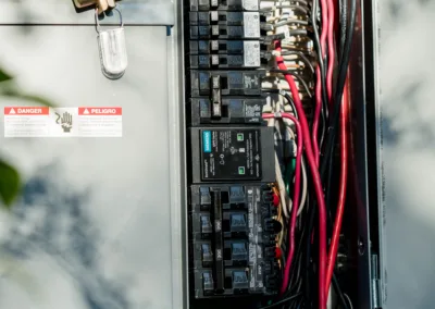 Electrical panel with circuit breakers and wiring in a utility setup.