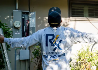 An electrician wearing a helmet stands with arms outstretched near residential electrical equipment.