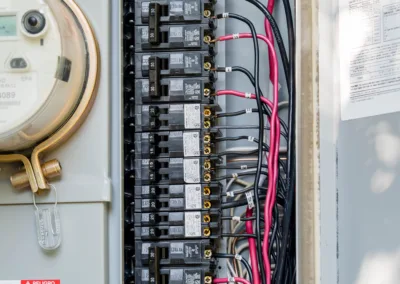 An electrical panel with organized circuits and cables, including a meter on the left side.