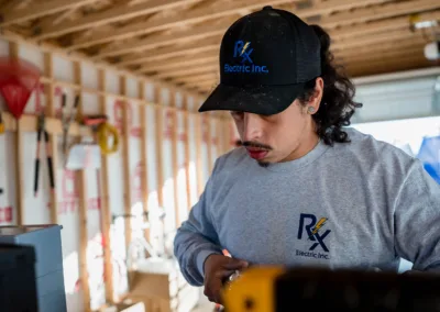 A man in a cap and company-branded t-shirt focused on work at a construction site.