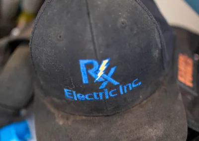 Close-up of a dusty black baseball cap with the 'rx electric inc.' logo on the front.