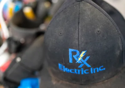 A black baseball cap with the "rx electric inc." logo, set against a blurred background of tools and equipment.